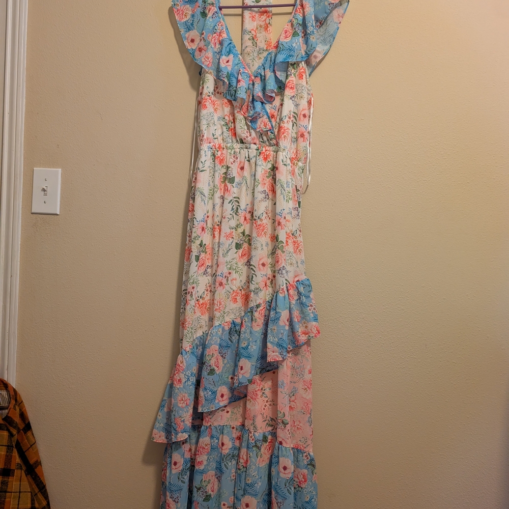 Asymmetrical Floral Dress in Blue and Pink